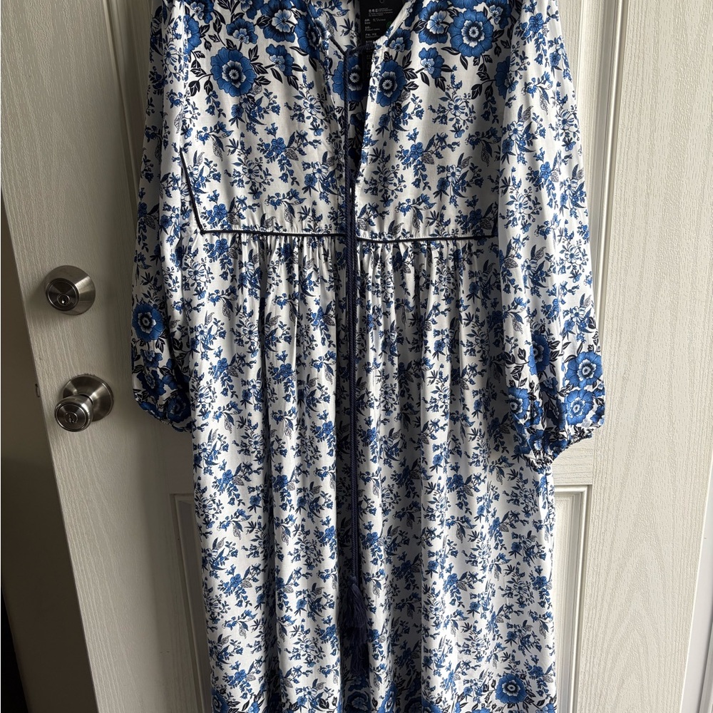 White and Blue Floral Long-Sleeve Midi Dress
